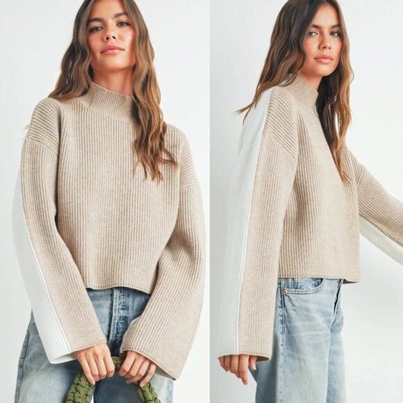 Paulina Two-Toned Turtleneck Sweater | Women's Fall and Winter Sweater | Beige - Picture 1 of 9